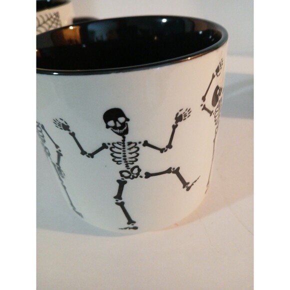 3 Halloween Skelton Mug/ Dancing Skeltons, Spiders,& Bats, Black White 16 Oz New - Picture 7 of 16